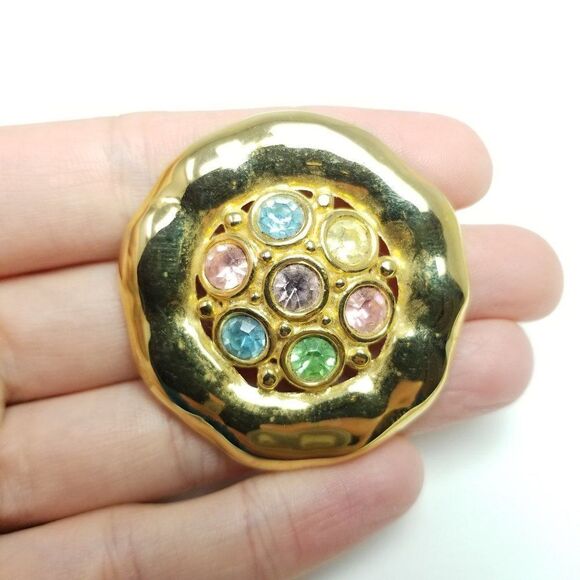Vintage Gold Tone and Pastel Rainbow Rhinestone Brooch, Unique Retro Shape, 80s - Picture 6 of 6